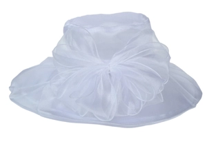 Detailed close-up of a white organza sun hat with a large decorative bow on white background