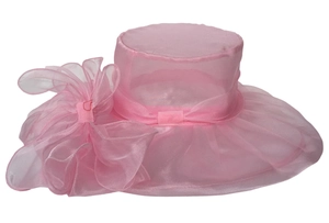 Detail of pink organza sun hat featuring a large decorative side bow and wide brim