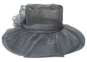 Close-up of gray organza sun hat featuring delicate pleated flower detail and wide brim