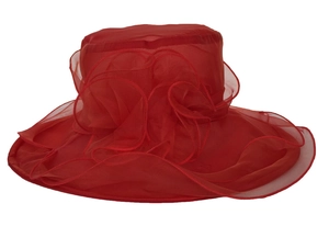 Detail of red organza sun hat featuring elegant layered floral petals and a wide brim