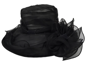 Detail of elegant black organza sun hat featuring a large 3D floral decoration