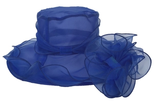 Detail of navy organza sun hat featuring a large 3D floral accent and mesh texture