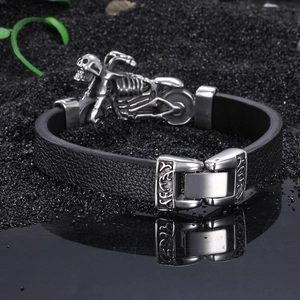 Punk rocker skull motorcycle leather bracelet with polished stainless steel buckle