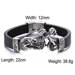 Men Motorcycle Skull Leather Bracelet Stainless Steel Gothic Punk Rock Rider Jewelry Bangle