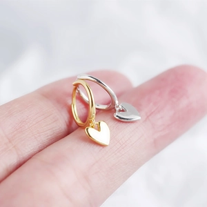 Elegant S925 sterling silver heart dangle hoop earrings in gold and silver finishes