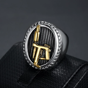 Men Ring Retro Tattoo Machine SMG Gun Pattern Stainless Steel Punk Personality Jewelry Two Tone Polished Finish