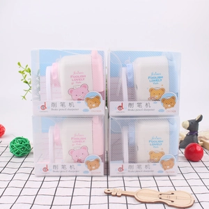 Cartoon bear pencil sharpener in pink and blue colors for school students