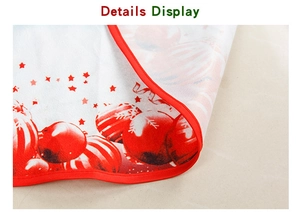 Detail of red stitched edging and festive digital print on a plush Christmas tree skirt