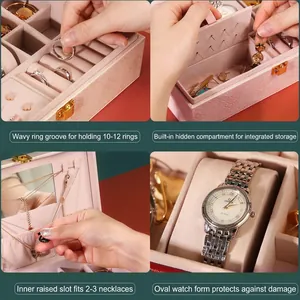 Pink PU leather jewelry organizer with multi-compartment storage for rings and watches