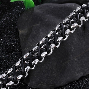 Men's hand-braided black leather and silver stainless steel chain bracelet with S925 clasp
