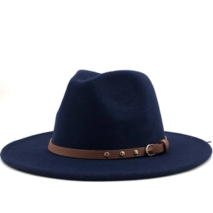 Classic navy wool felt jazz fedora hat with brown leather band and gold metal studs