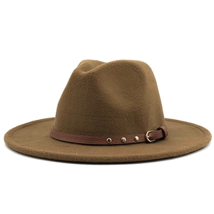 Close-up of the brown leather band with gold rivets on this wool felt jazz fedora hat