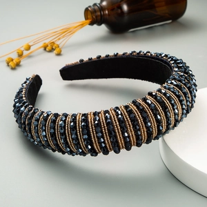 Padded baroque headband with navy crystal beads and golden accents on velvet lining