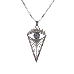 Silver infinity evil eye pendant necklace with colorful cubic zirconia and box chain