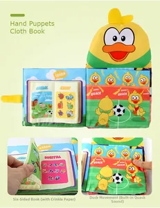Baby duck hand puppet book featuring crinkle paper and sound toy for sensory learning