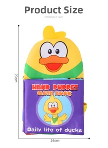 Detail view of the duck hand puppet cloth book with precise 29cm x 16cm dimensions