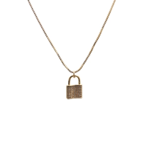 Gold box chain necklace featuring a micro-pave zircon padlock pendant on white background