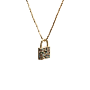 Gold plated padlock pendant necklace featuring multi-colored micro-pave cubic zirconia stones