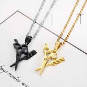 Golden and black stainless steel necklace with scissors and comb pendants for men