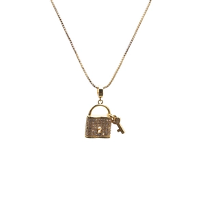Gold plated key and lock pendant necklace with pave zircons on box chain