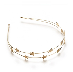 Close-up of golden double-layered headband with textured star decorations and sleek metal