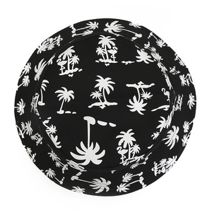 Detailed pattern view of black bucket hat with white coconut tree and flamingo prints