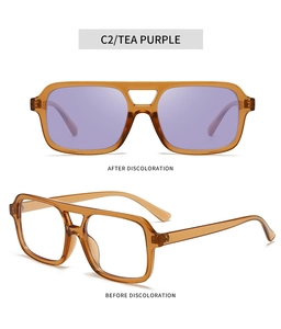 Detail of photochromic tea purple glasses showing before and after discoloration effect
