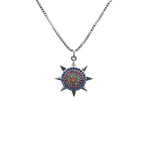 Silver nautical helm pendant necklace with multi-colored cubic zirconia and box chain