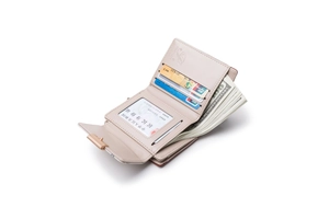 Detail of apricot PU leather wallet interior with multiple card slots and banknote pocket