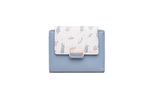 Detailed view of PU leather blue and white folded wallet with leaf print and buckle