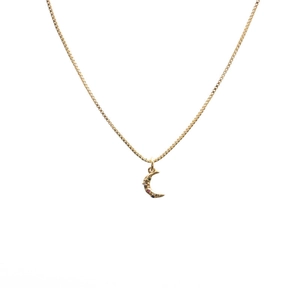Gold moon pendant necklace with micro-paved colored zircon gemstones on a box chain