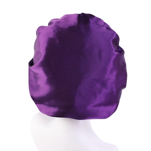 Purple double-layered satin sleeping bonnet with wide ruffle for hair care and beauty