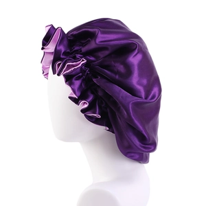 Double-layered satin sleep bonnet in purple with pink ruffled lace and silky smooth texture