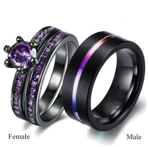 Matching black couple rings set with purple crystal zircon and central violet band