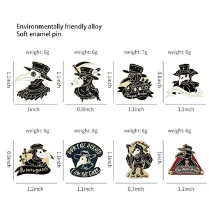 Size chart for 8 plague doctor raven pins with dimensions and weight specifications