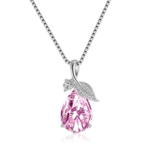 Pink pear-shaped crystal pendant necklace with silver leaf and sparkling accents