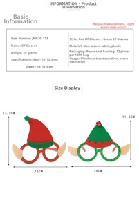 Size chart showing exact dimensions for cartoon elf party glasses in red and green