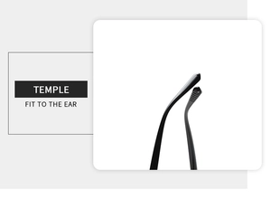 Detail of ergonomic curved black glasses temples for a secure and comfortable fit to the ear