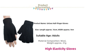 Detail of black wool knitted fingerless gloves showing elastic ribbed cuff and snug fit