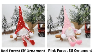 Detail of red and pink knitted Christmas gnome hanging ornaments in a snowy festive scene