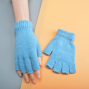 Winter wool knitted fingerless gloves in light blue for warm thermal protection