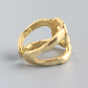 Golden S925 sterling silver wide open ring with irregular foil texture and hammered finish