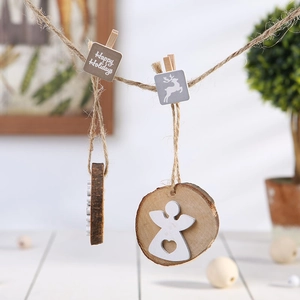 Rustic wooden angel ornaments for Christmas tree with Happy Holidays clips