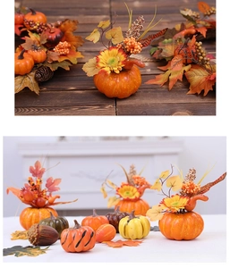 Detail of faux foam pumpkins with fall maple leaves, sunflower and berry decorations