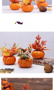 Detail of decorative Halloween pumpkins with maple leaves and berries for autumn decor