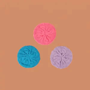 Kids' cable knit berets in pink, blue, and purple for autumn winter warmth