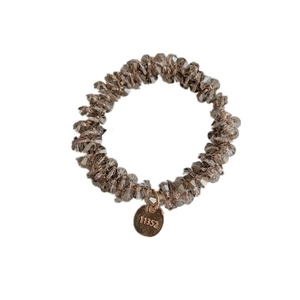 Elastic champagne crystal bead hair tie with minimalist gold pendant and engraving