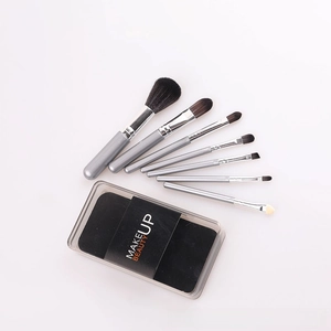 Close-up of 7-piece silver makeup brush set with various brush heads in a compact storage box