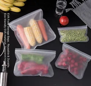 Detailed view of translucent frosted EVA food storage bags holding fresh vegetables