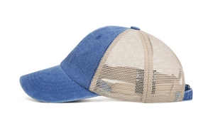 Detail view of denim truck hat with breathable mesh back and adjustable strap